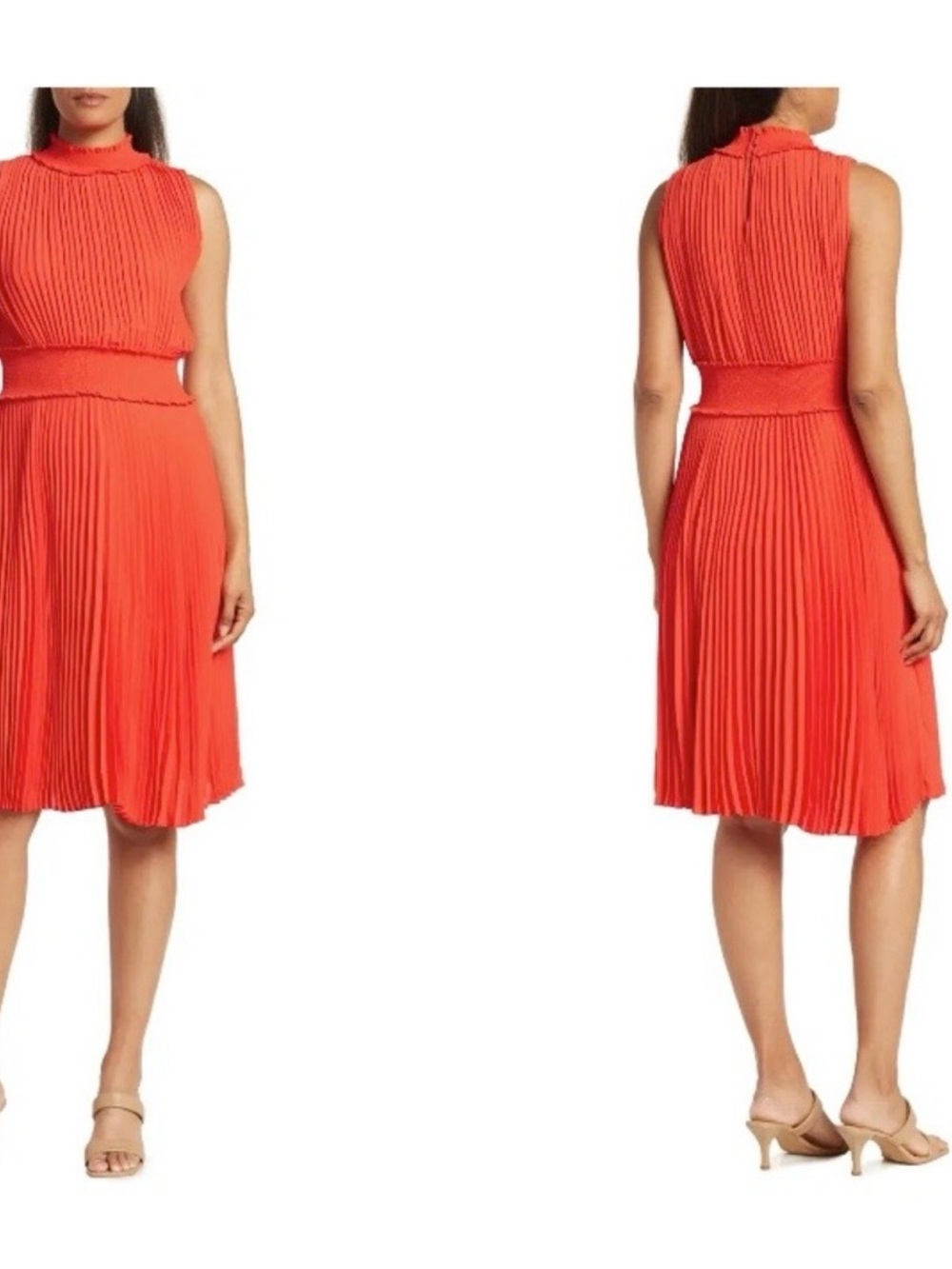 Nanette Lepore Sleeveless Pleated Midi Dress in Coral Orange